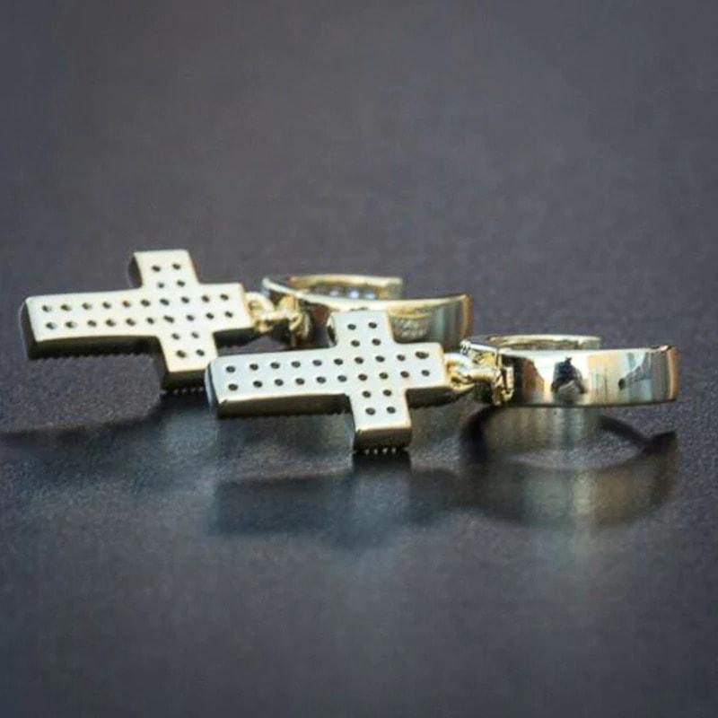 Cercei aurii, forma de cruce, cu pietre din zirconiu, Angelina C14 - Pursehuit.ro