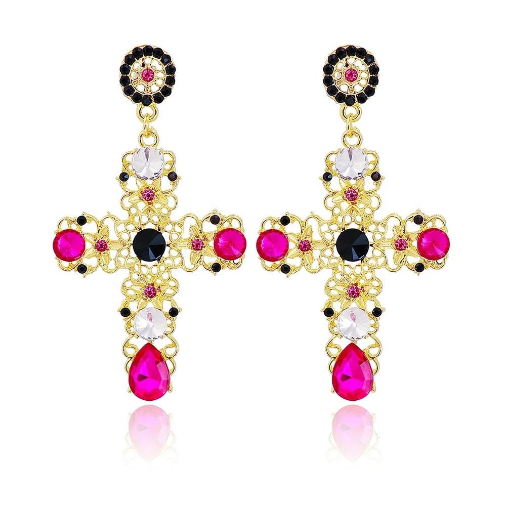 Cercei aurii, forma de cruce, cu pietre roz, Pippa C10 - Pursehuit.ro