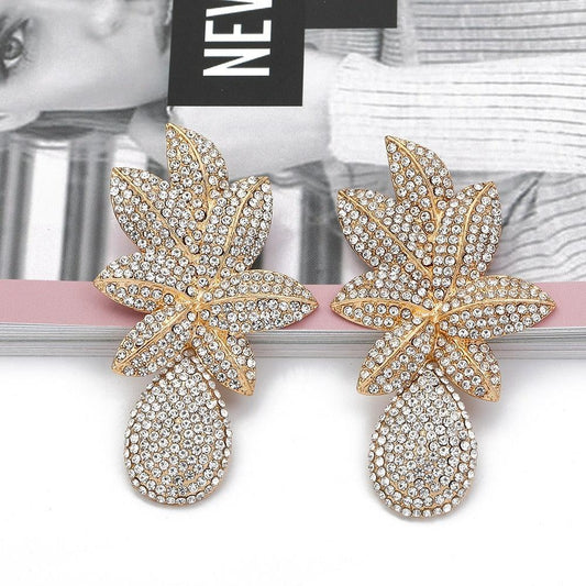 Cercei aurii, forma de frunza, cu pietre, Annmaria C10 - Pursehuit.ro