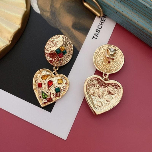 Cercei aurii, forma de inima, cu clips si pietre, Viggo C4 - Pursehuit.ro