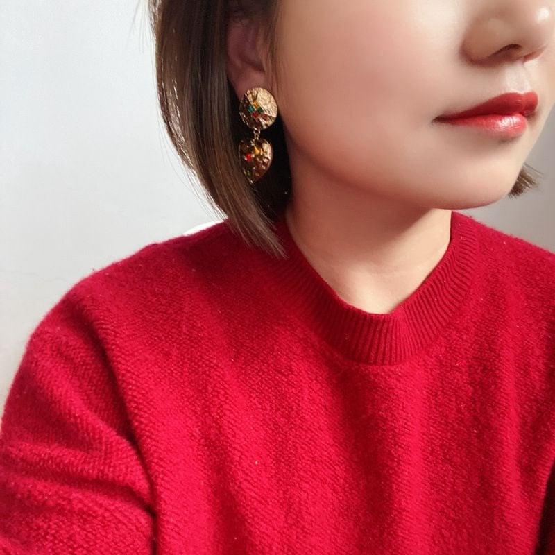 Cercei aurii, forma de inima, cu clips si pietre, Viggo C4 - Pursehuit.ro