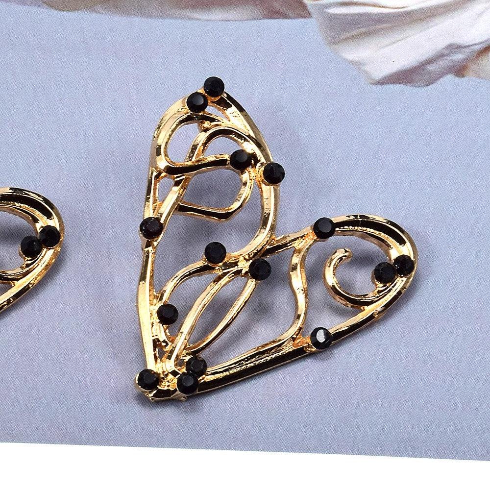 Cercei aurii, forma de inima, cu pietre negre, Angelo C5 - Pursehuit.ro