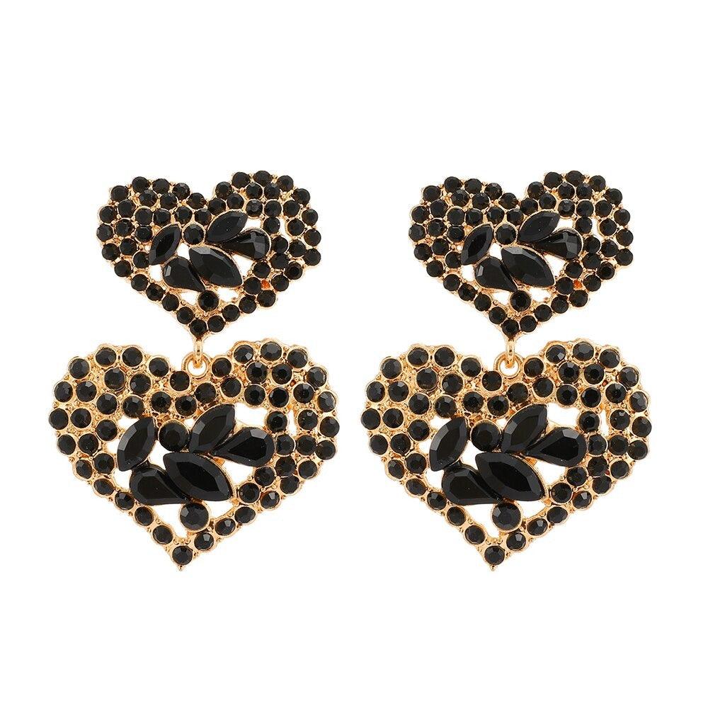 Cercei aurii, forma de inima, cu pietre negre, Nelson C1 - Pursehuit.ro