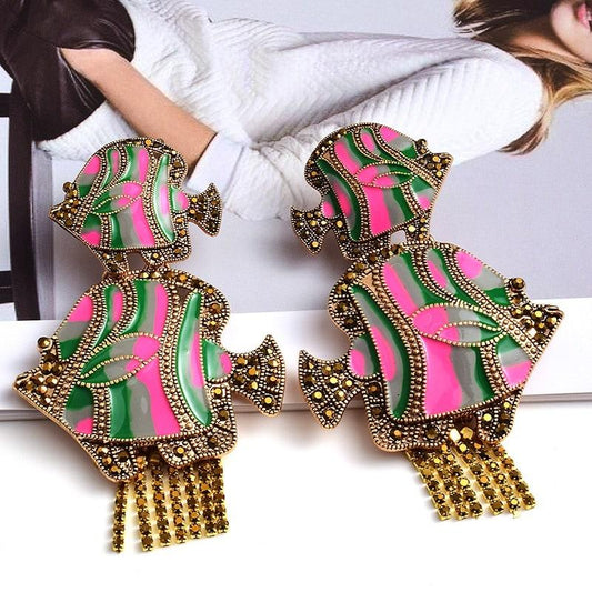 Cercei aurii, in forma de peste, cu pete roz si pietre, Germund C2 - Pursehuit.ro