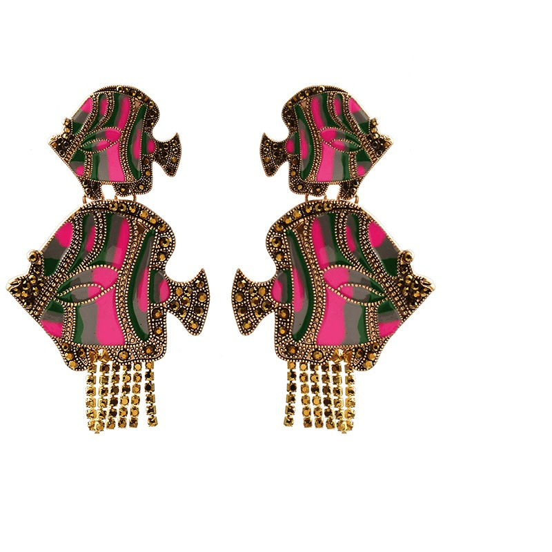 Cercei aurii, in forma de peste, cu pete roz si pietre, Germund C2 - Pursehuit.ro