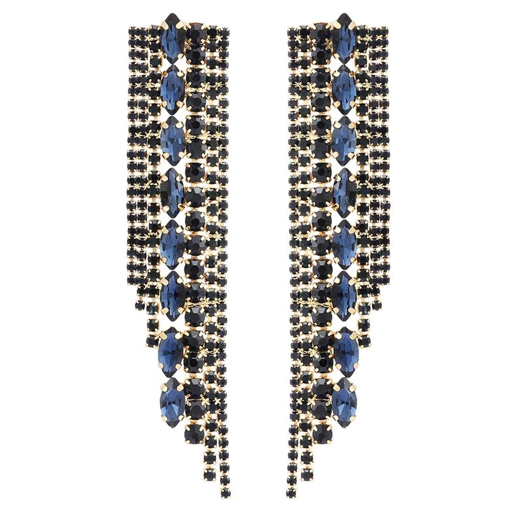 Cercei aurii, lungi, cu franjuri si pietre negre si albastre, Rhoda C8 - Pursehuit.ro