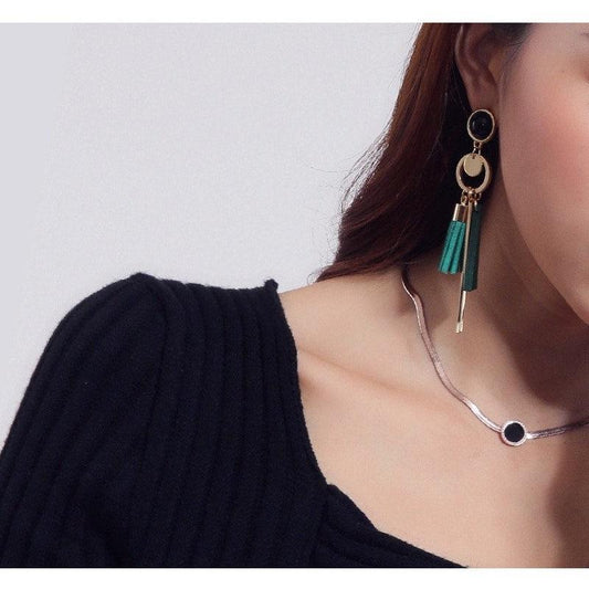 Cercei aurii, lungi, cu franjuri verzi si clips, Salme C6 - Pursehuit.ro