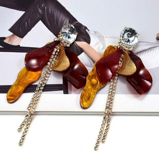 Cercei aurii, lungi, cu petale maro si pietre, Ansa C5 - Pursehuit.ro