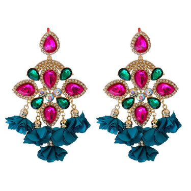 Cercei aurii, stil flamenco, cu pietre roz si flori turquoise, Henka C5 - Pursehuit.ro