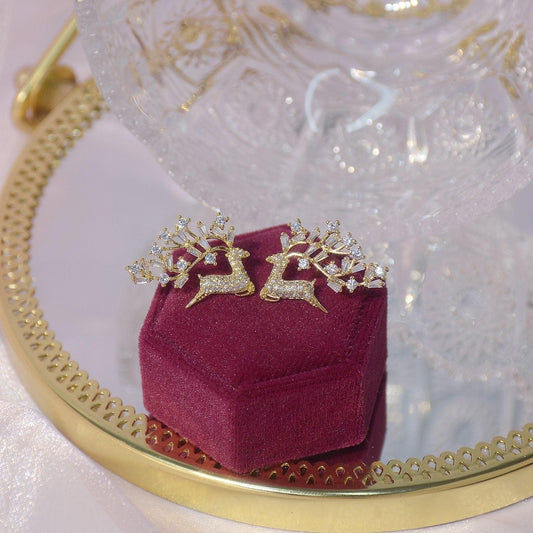 Cercei aurii, suflati cu aur 14k, forma de cerb, cu pietre din zirconiu, Lester C2 - Pursehuit.ro