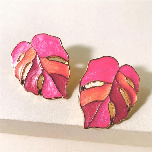 Cercei roz, forma de frunza Monstera, Augusta C18 - Pursehuit.ro