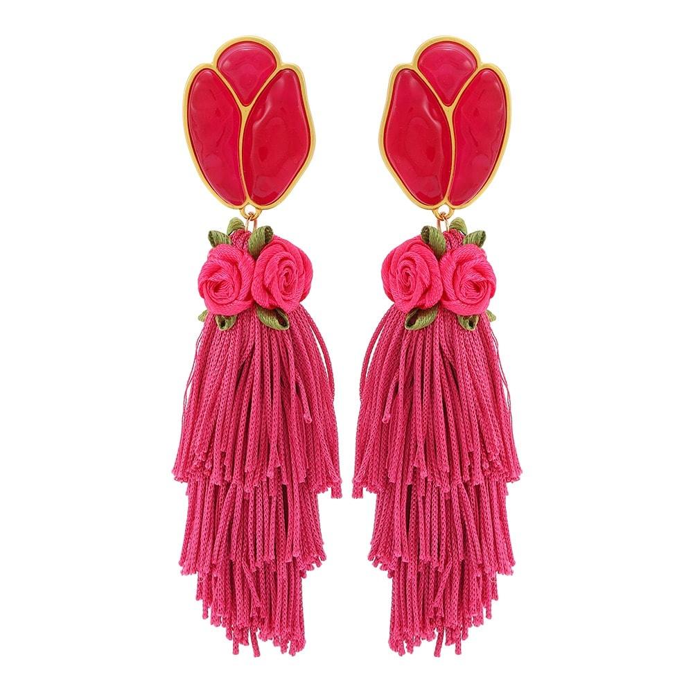 Cercei roz, lungi, cu flori si franjuri, Helma C2 - Pursehuit.ro