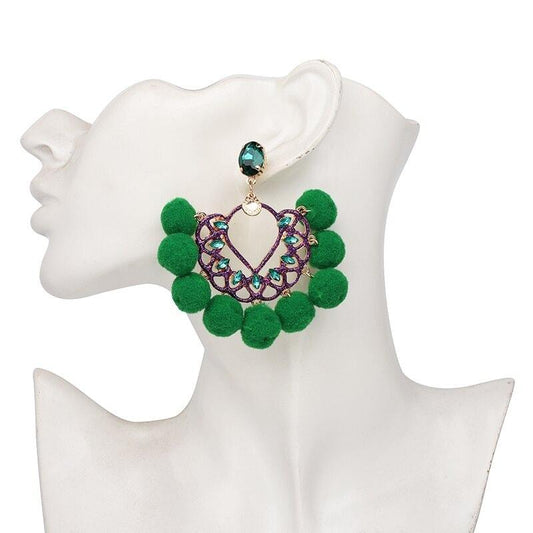 Cercei verzi, cu Pom-Pom si pietre, Athalie C19 - Pursehuit.ro