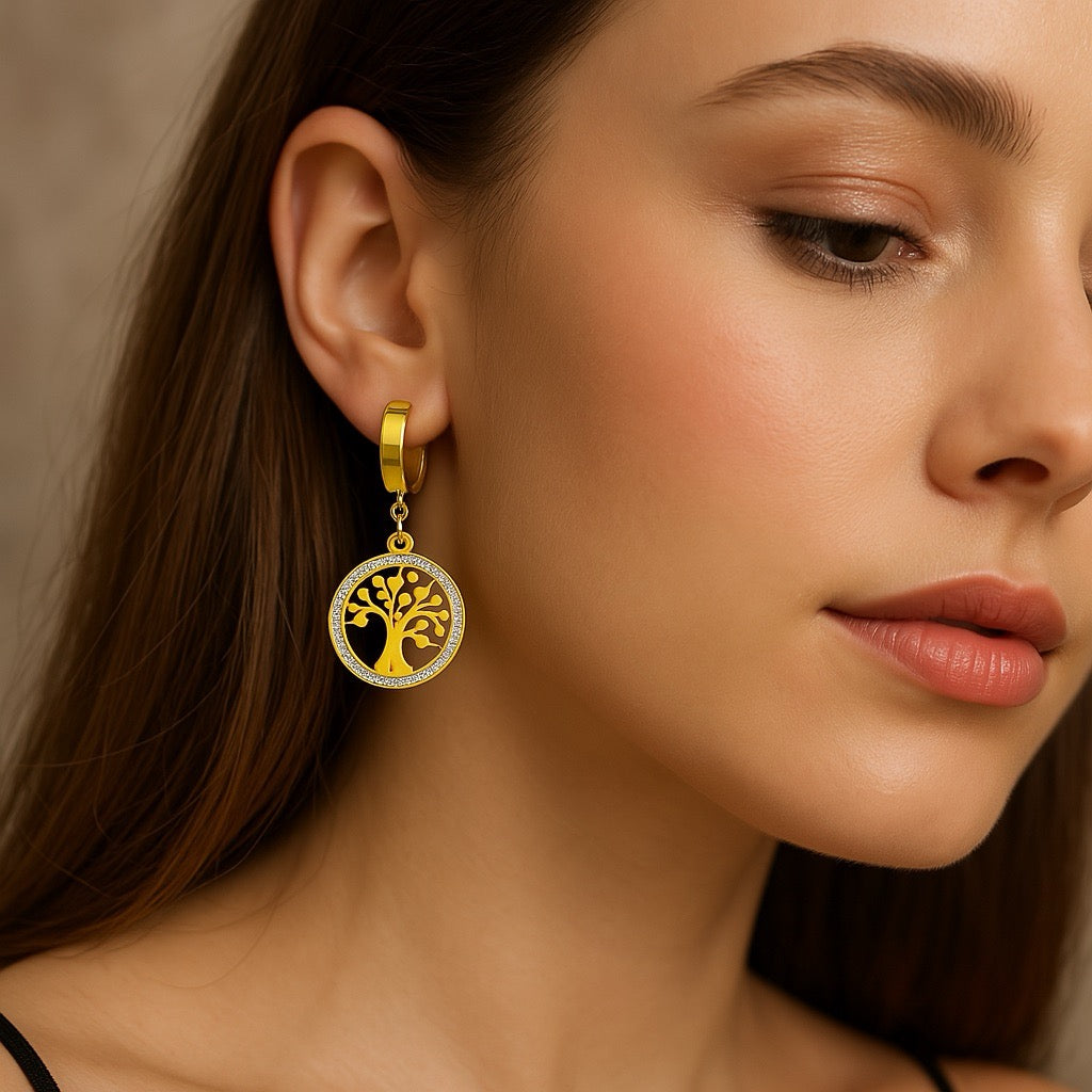 Cercei aurii, din otel inoxidabil, cu arborele vietii si cristale, suflati cu aur 18k, Barbara C2 - Pursehuit.ro