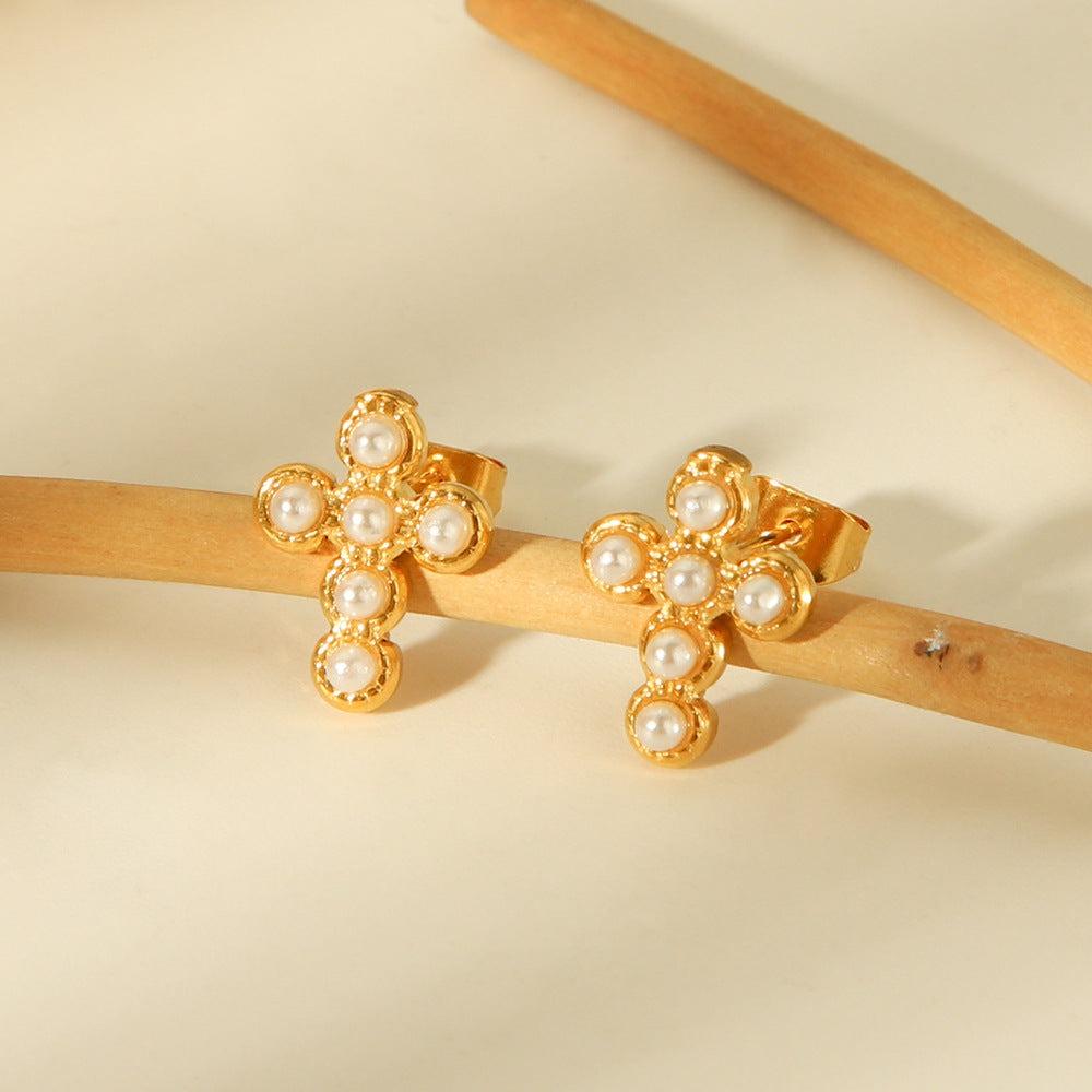 Cercei aurii, din otel inoxidabil, forma de cruciulita, cu perlute, suflati cu aur 18k, Frigga C1