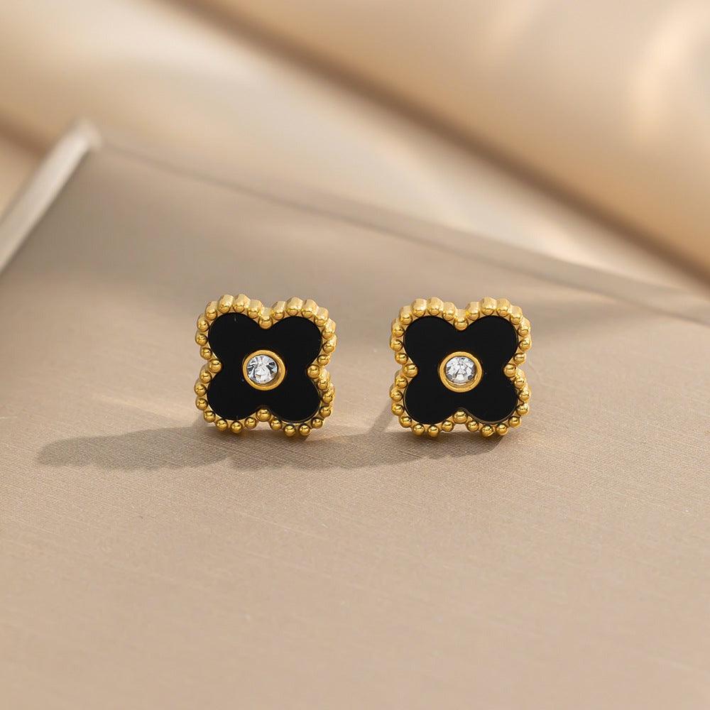 Cercei aurii, din otel inoxidabil, forma de floricele, cu pietricele din zirconiu, suflati cu aur 18k, Gea C1