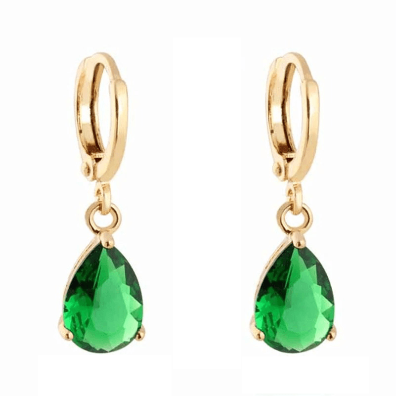 Cercei aurii, din otel inoxidabil 316L, forma de lacrima verde, suflati cu aur 18K PVD, Harpa C2