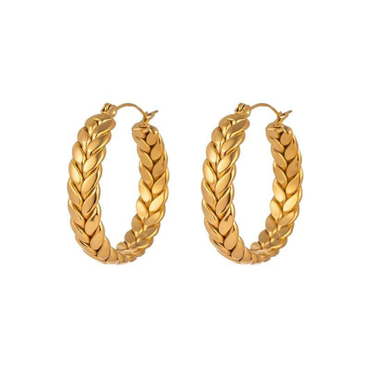 Cercei aurii, din otel inoxidabil, rotunzi, impletiti, suflati cu aur 18k, Beatrice C2 - Pursehuit.ro