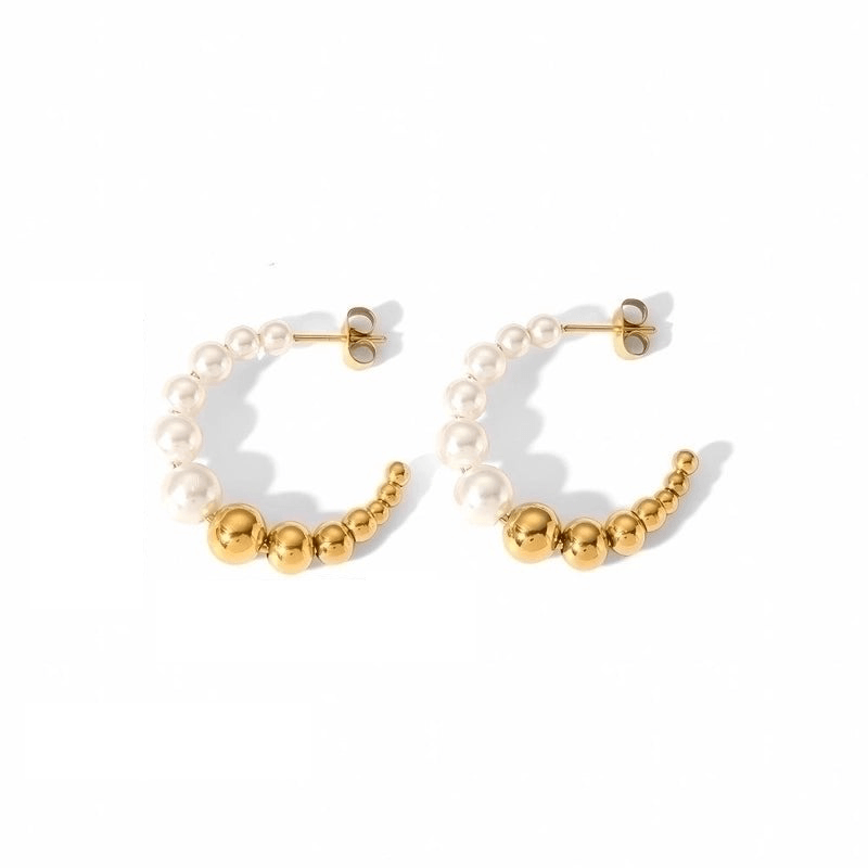 Cercei aurii, din otel inoxidabil, semirotunzi, cu perlute, suflati cu aur 18k, Gilda C2