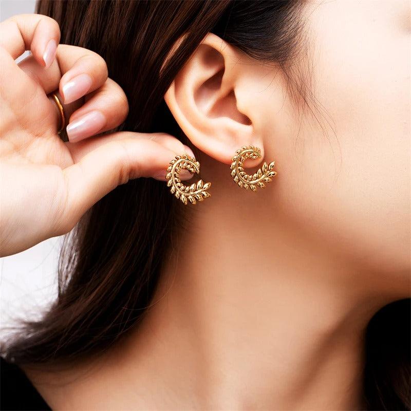 Cercei aurii, din otel inoxidabil, forma de crengute, suflati cu aur 18k, Becky C2 - Pursehuit.ro