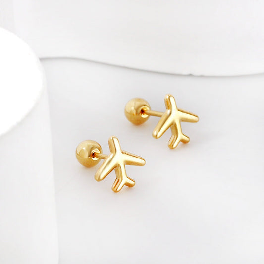 Cercei aurii, din otel inoxidabil, suflati cu aur 18k, forma de avion, Wanderlust Airplane C2