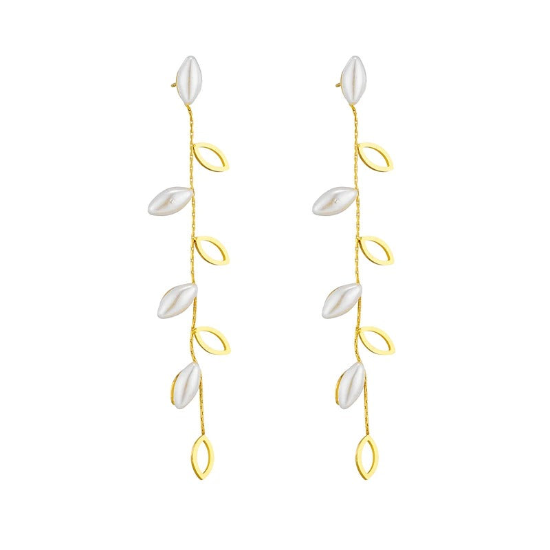 Cercei aurii, lungi, din otel inoxidabil, forma de frunzulite, suflati cu aur 18k, Denys C5