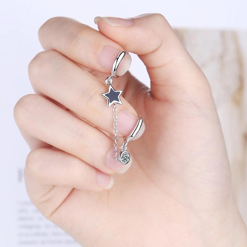 Cercel dublu, argintiu, cu lant, stea si piatra din zirconiu, Alea C14 - Pursehuit.ro