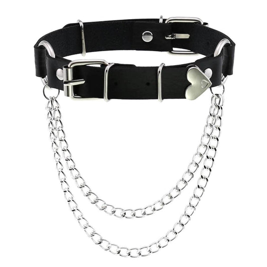 Colier Choker, negru, piele ecologica, cu lanturi, Nikie C3 - Pursehuit.ro
