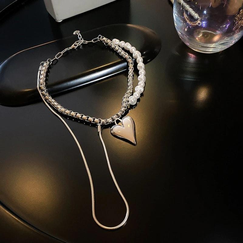 Colier argintiu, cu perle si inima, Amma C18 - Pursehuit.ro