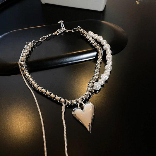 Colier argintiu, cu perle si inima, Amma C18 - Pursehuit.ro