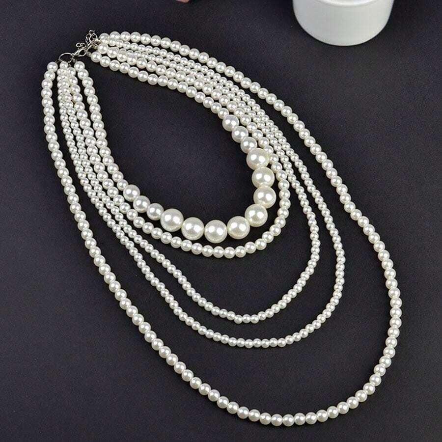 Colier argintiu, in 5 straturi, cu perle, Oliwier C3 - Pursehuit.ro