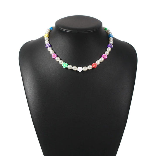 Colier auriu, cu perle si floricele, Judie C1 - Pursehuit.ro