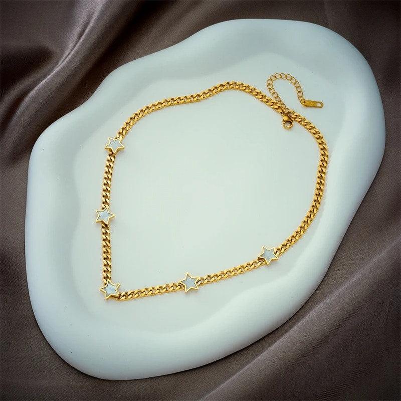 Colier auriu, din otel inoxidabil, cu zale si stelute, suflat cu aur 18k, Raimo C6 - Pursehuit.ro