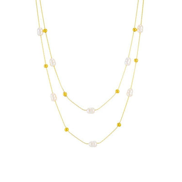Colier auriu, in 2 straturi, din otel inoxidabil, cu perle, suflat cu aur 18k, Raian C5 - Pursehuit.ro