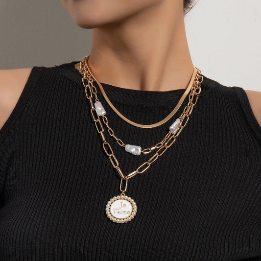 Colier auriu, in 3 straturi, cu zale si perle, Sekine C4 - Pursehuit.ro