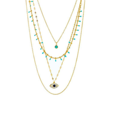 Colier auriu, in 4 straturi, din otel inoxidabil, cu margelute turquoise si pietre, suflat cu aur 18k, Ragni C5 - Pursehuit.ro