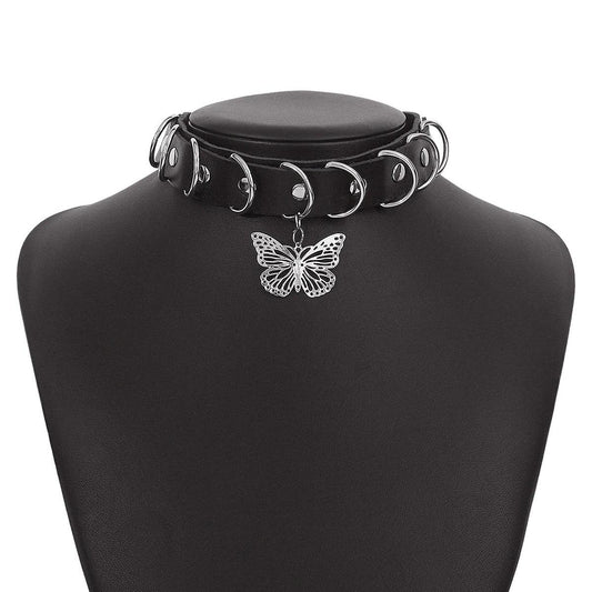 Colier choker negru, cu fluture si zale argintii, Moris C5 - Pursehuit.ro