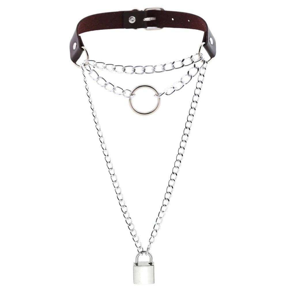 Colier choker maro inchis, cu lanturi argintii, Savina C2 - Pursehuit.ro