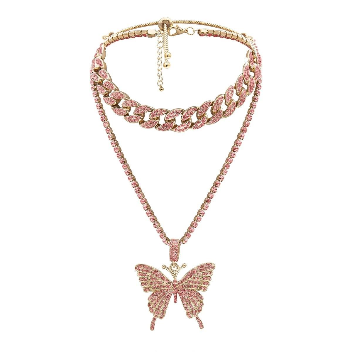 Colier in 2 straturi, auriu, cu pietre roz si fluture, Rosel C3 - Pursehuit.ro