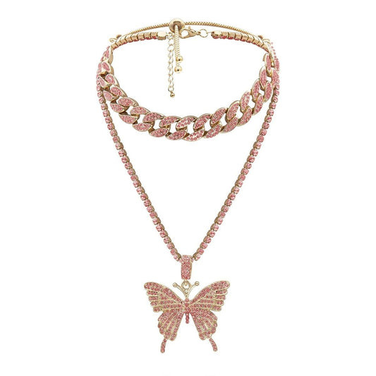 Colier in 2 straturi, auriu, cu pietre roz si fluture, Rosel C3 - Pursehuit.ro