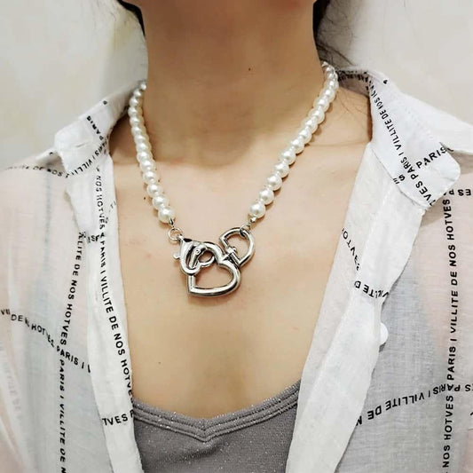 Colier in 2 straturi, cu perle si inimioare, argintiu, Line C2 - Pursehuit.ro