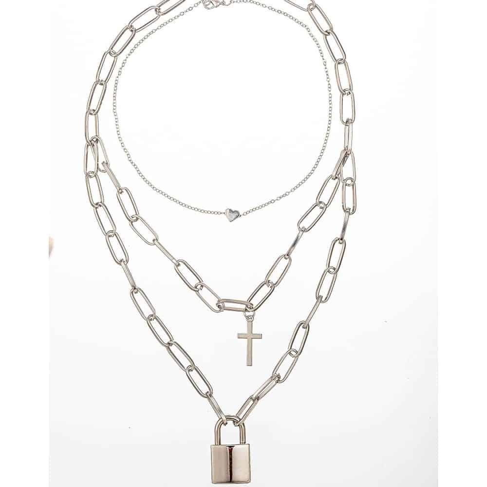 Colier in 3 straturi, argintiu, cu lacat si cruciulita, Linni C1 - Pursehuit.ro