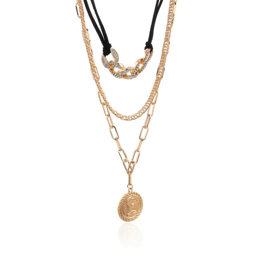 Colier in 3 straturi, auriu, cu banut si pietre, Devan C4 - Pursehuit.ro