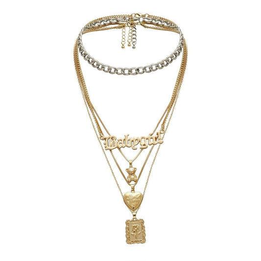 Colier in 5 straturi, auriu, cu inima si ursulet, Roselin C3 - Pursehuit.ro