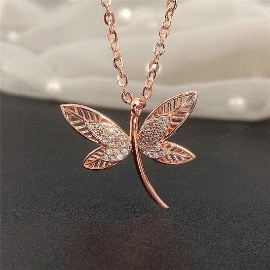 Colier rose gold, forma de libelula, cu pietre din zirconiu, Fleur C10 - Pursehuit.ro