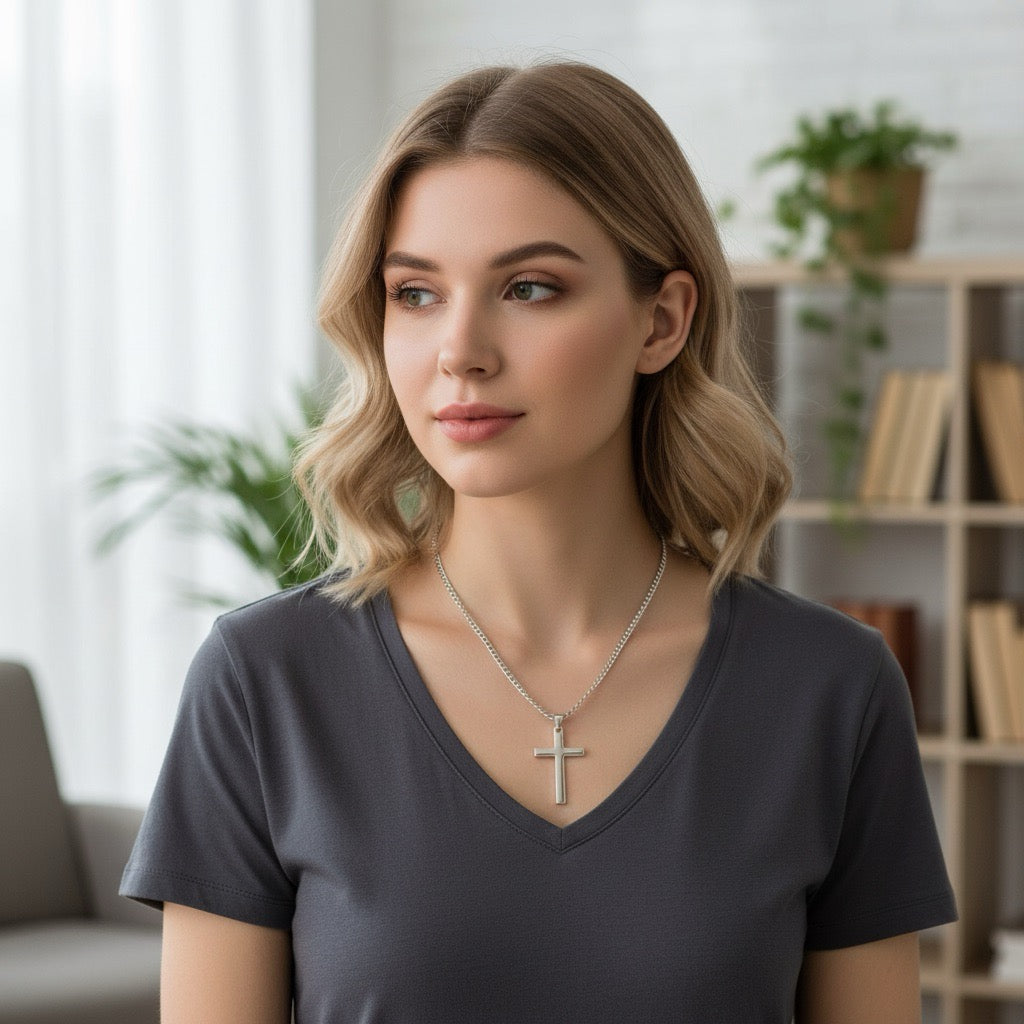 Colier argintiu, din otel inoxidabil, suflat cu aur 18k, cu pandantiv cruciulita, Sonni C4