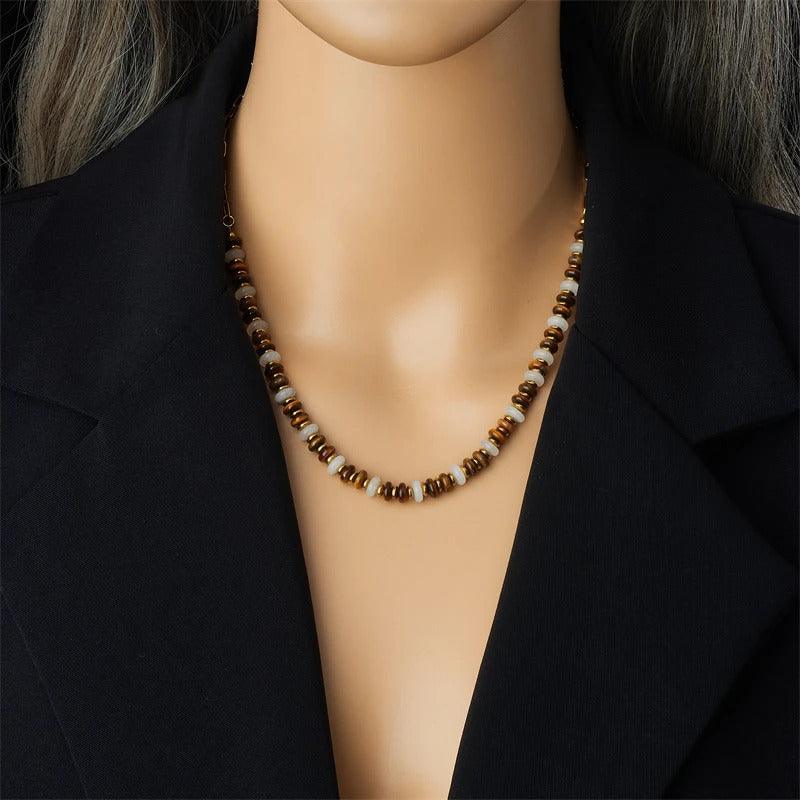 Colier auriu, din otel inoxidabil, cu margelute maro, suflat cu aur 18k, Brigita C11 - Pursehuit.ro