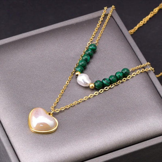 Colier auriu, din otel inoxidabil, in 2 straturi, cu inimioara, perle si margelute, suflat cu aur 18k, Amelia C1 - Pursehuit.ro