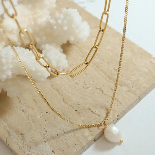 Colier auriu, din otel inoxidabil, in 2 straturi, cu perluta, suflat cu aur 18k, Amadea C1 - Pursehuit.ro