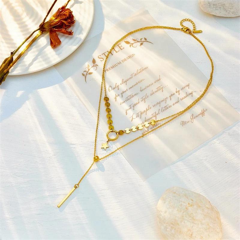 Colier auriu, din otel inoxidabil, in 2 straturi, cu steluta si banuti, suflat cu aur 18k, Thure C2 - Pursehuit.ro